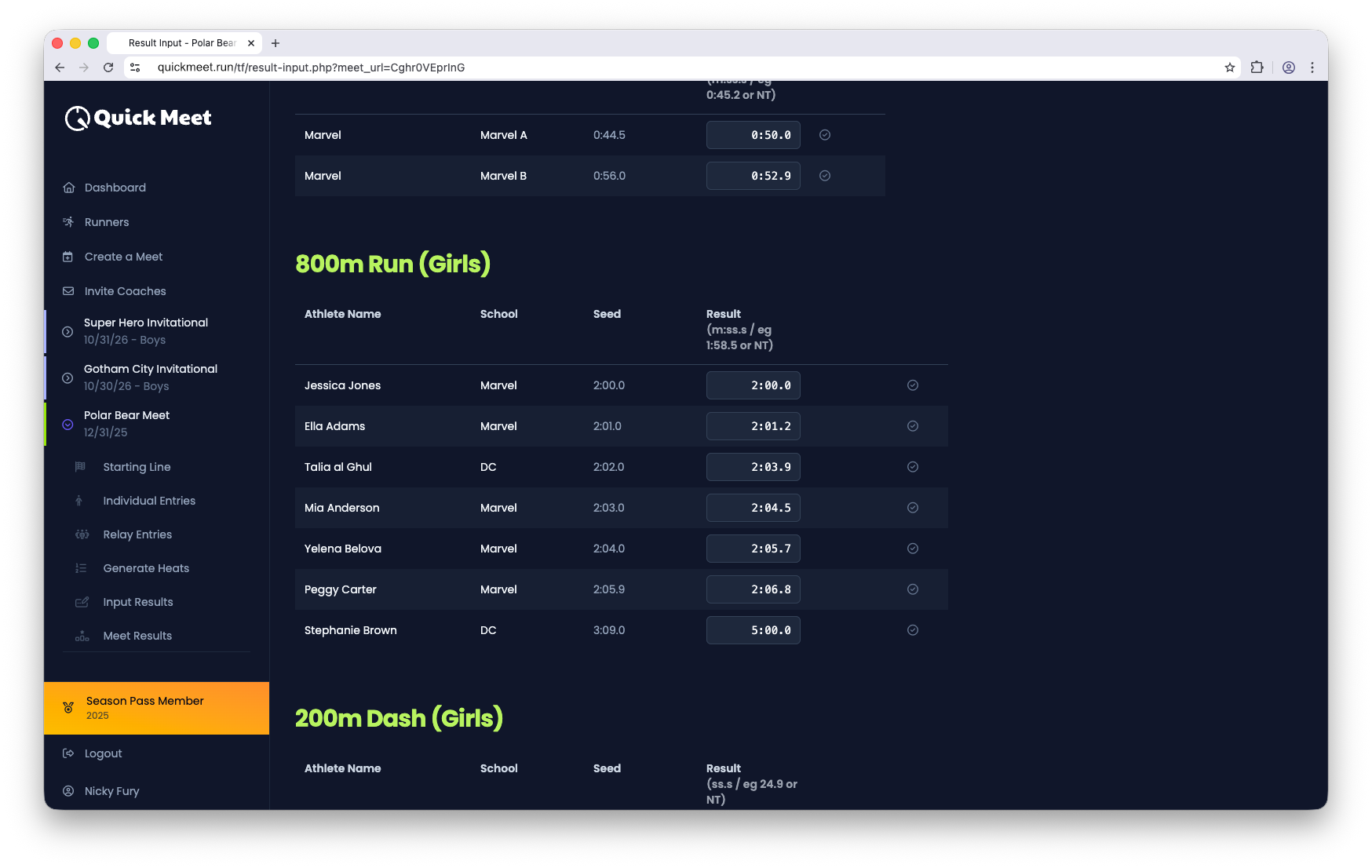 Screenshot showing track and field result input interface