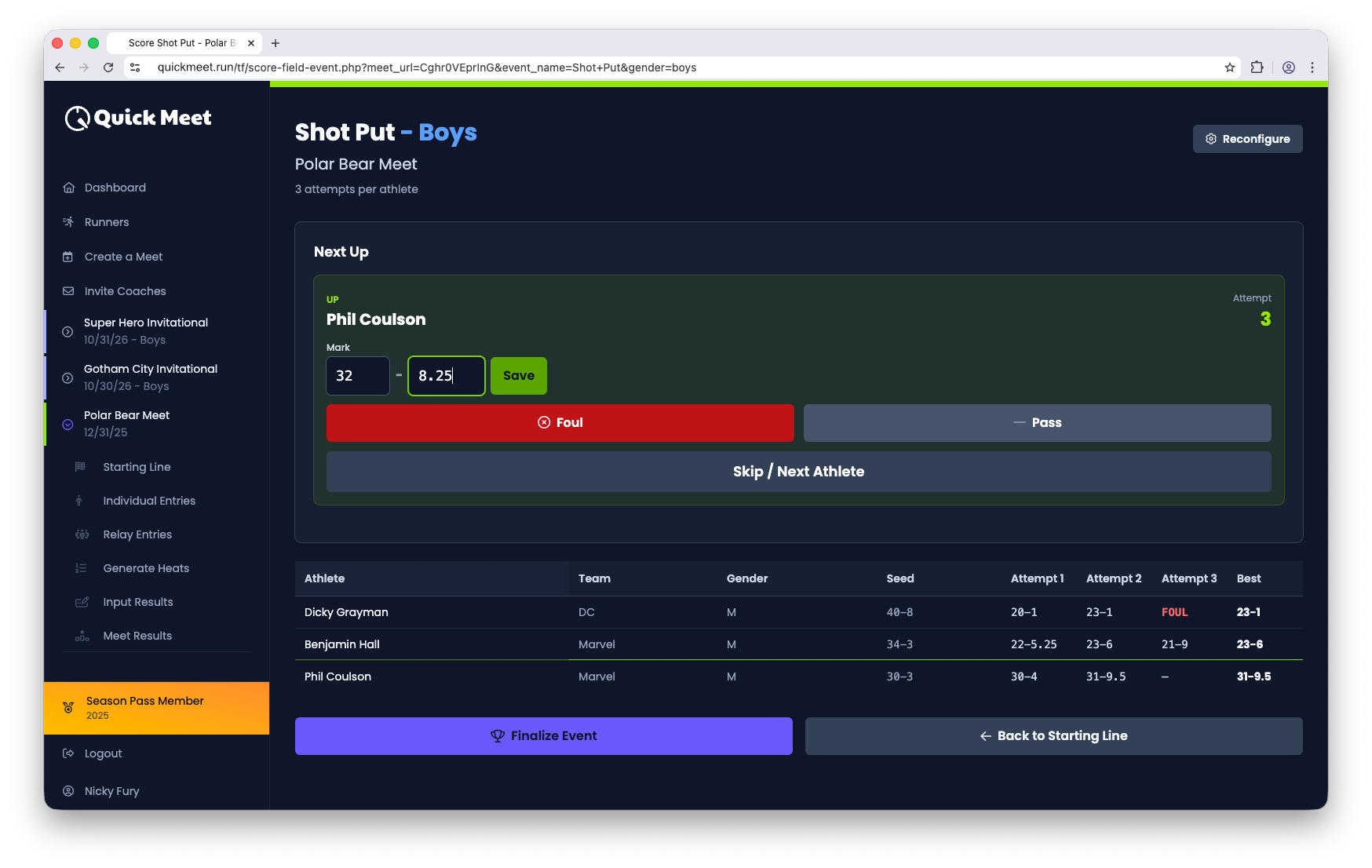 Screenshot showing field event scoring interface