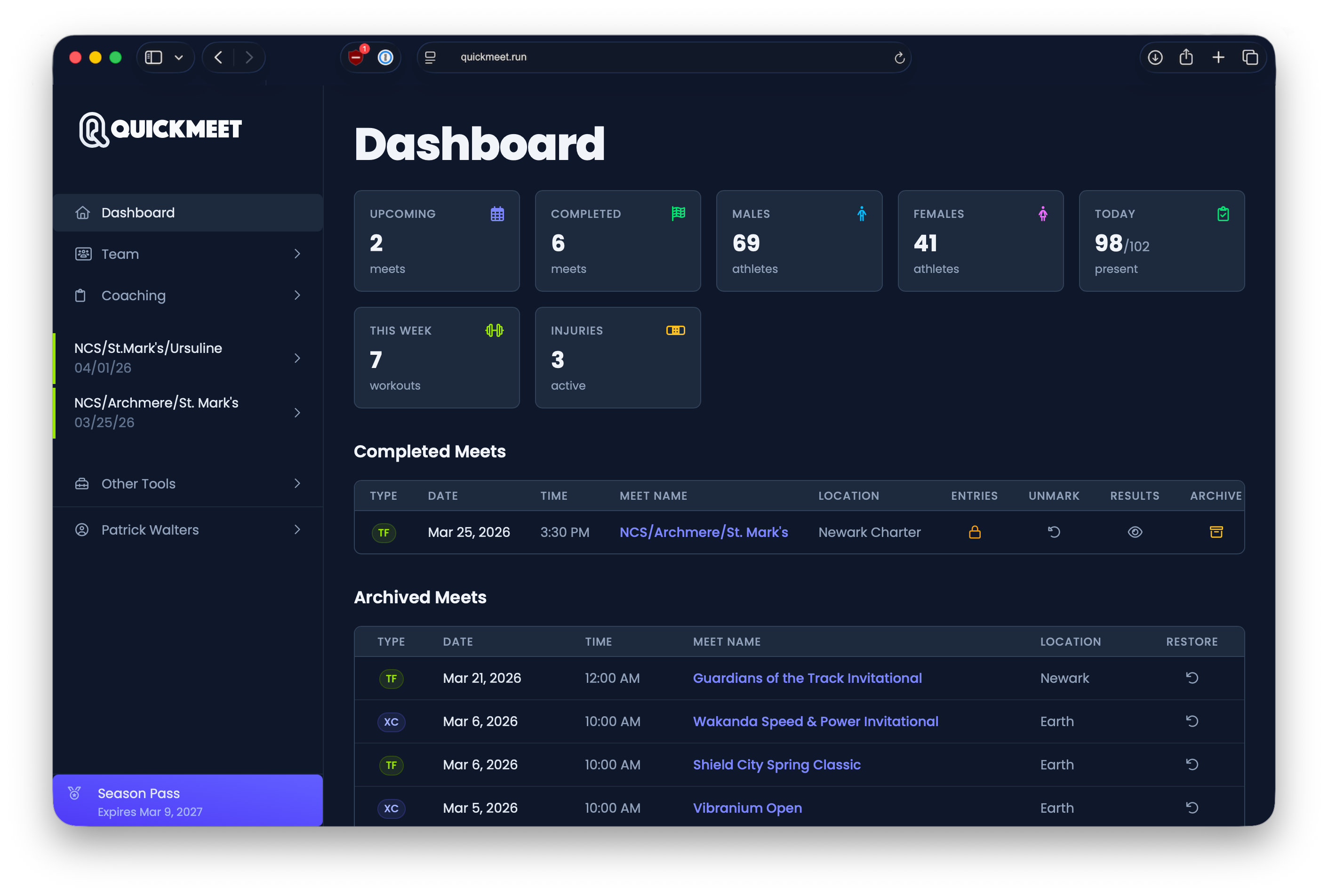 QuickMeet dashboard showing list of meets