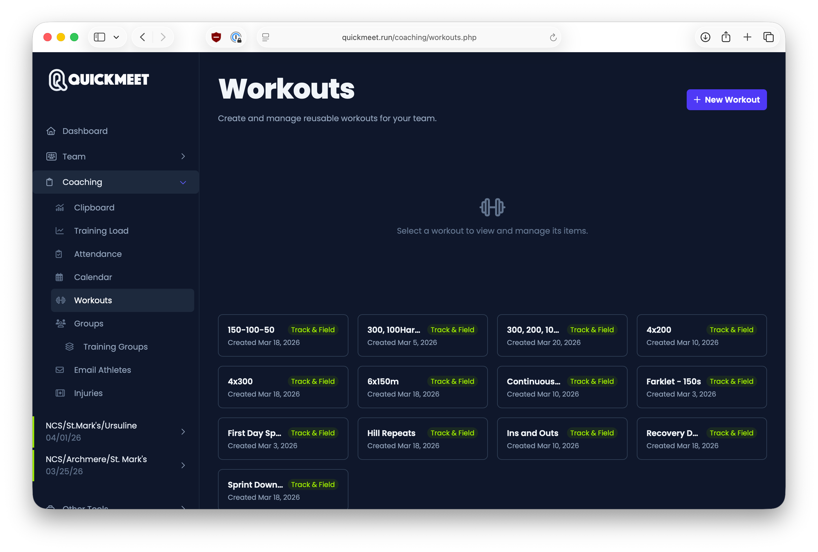 Coaching workout calendar showing scheduled workouts