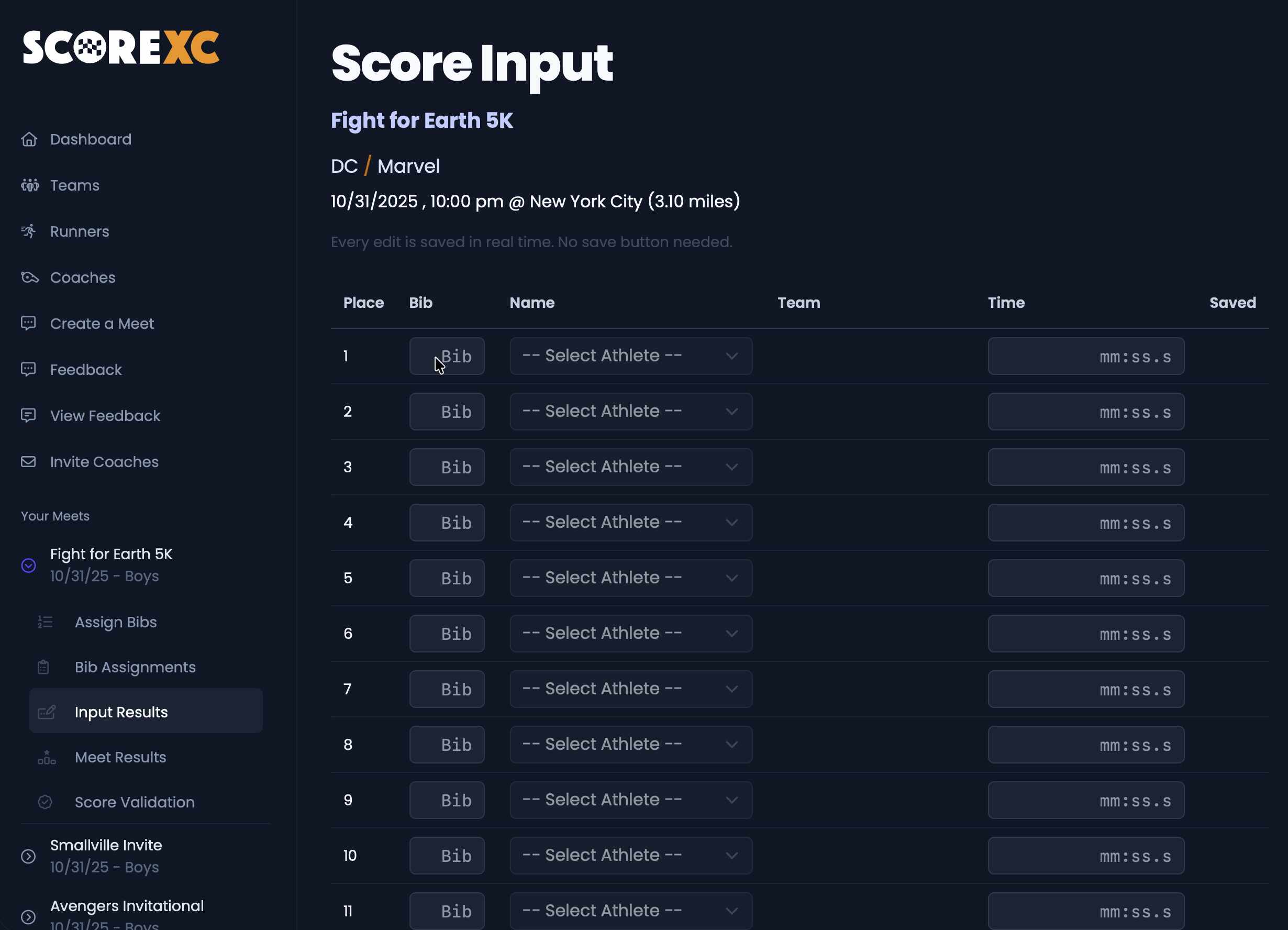 Animated image showing bib-number entry to score a meet.