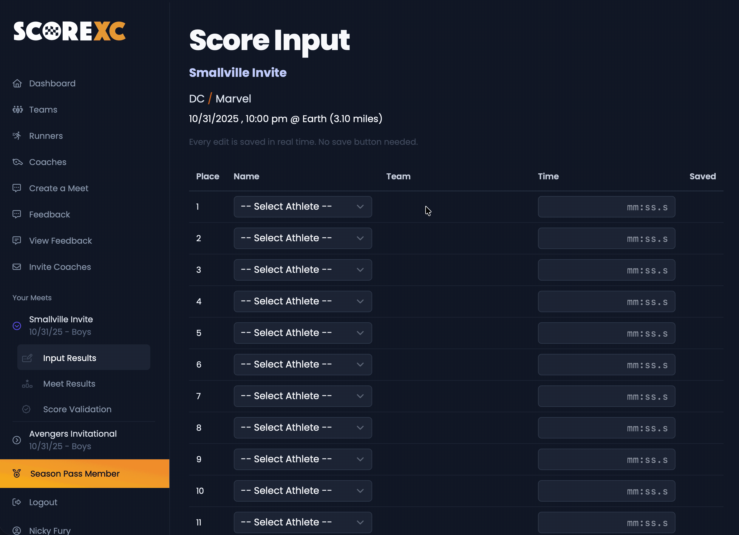 Animated image showing how to choose a runner's name from the list to score a meet.
